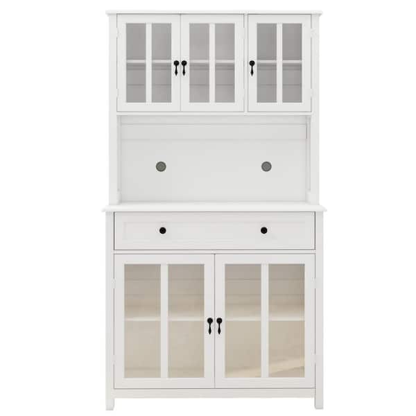 White Wood 39.37 in. W Buffet Food Pantry with Adjustable Shelves, 5 Glass Doors and Storage