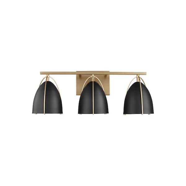 Generation Lighting Norman 24.25 in. 3-Light Satin Brass Vanity Light with Midnight Black Steel Shades