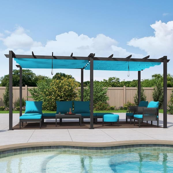 10 ft. W x 18 ft. D Modern Gray Aluminum Pergola with Two Individual Adjustable Blue UV Resistant Sun Shelter Canopies