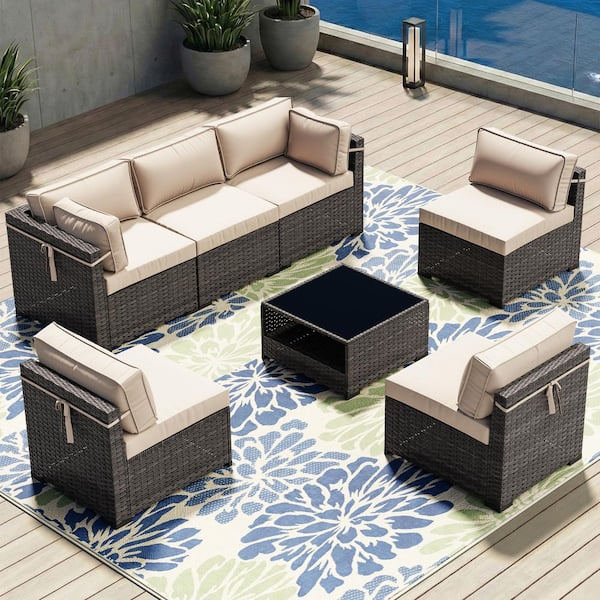 7-Piece Brown Wicker Outdoor Patio Sectional Set with Beige Cushions
