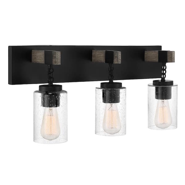 Fulton 24 in. 3-Light Matte Black Industrial Vanity Light with Clear Seedy Glass Shades