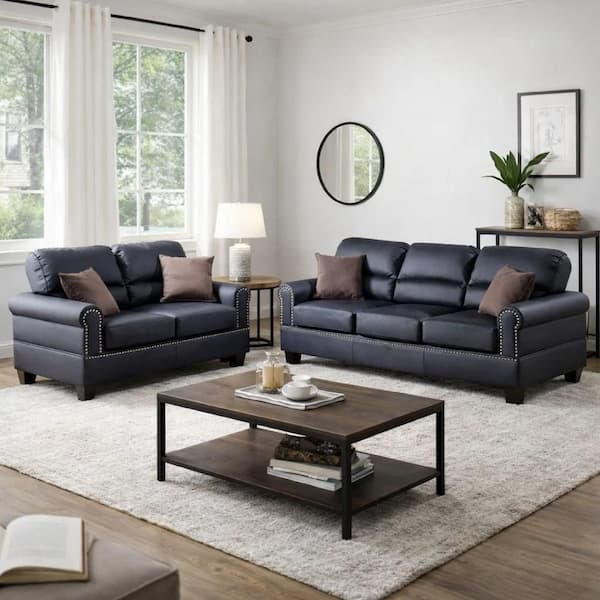 82 in. Round Arm Faux Leather Rectangle Sofa and Loveseat Set in Black