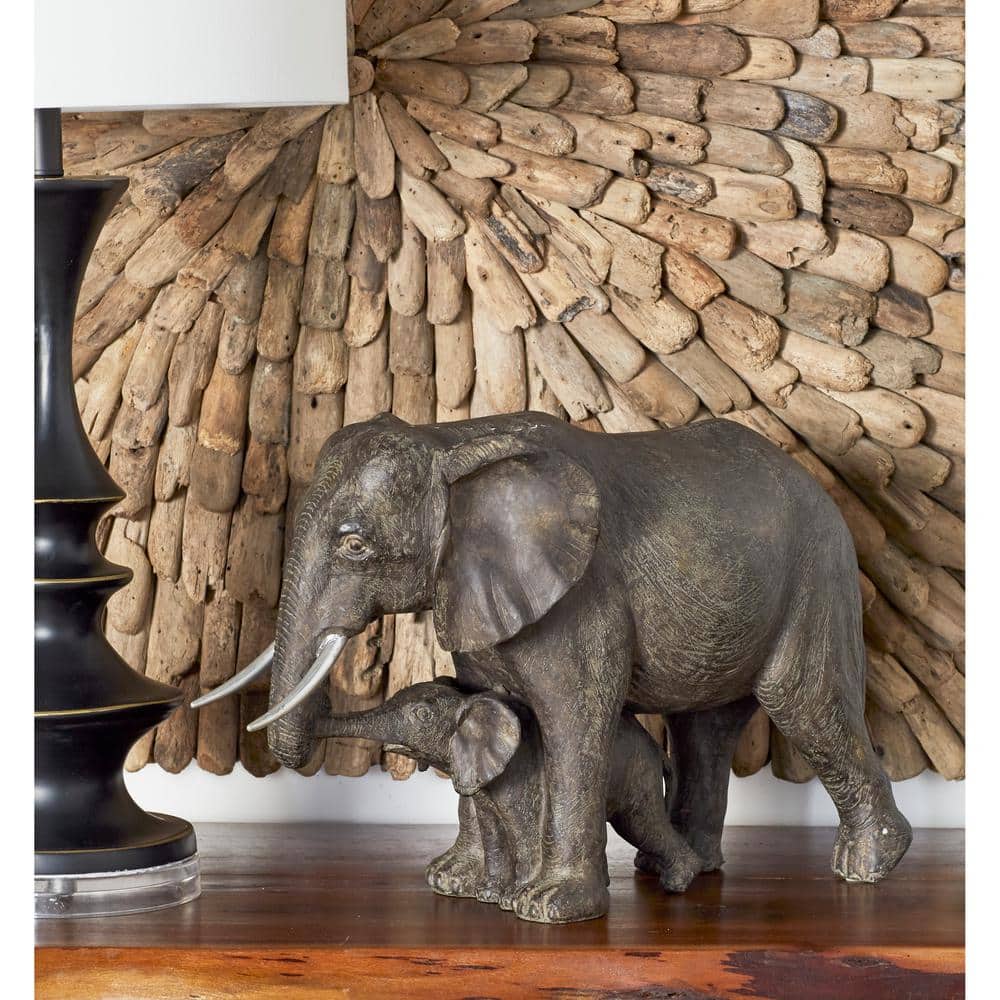 Gray Resin Elephant Mother and Calf Sculpture