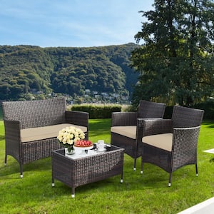 4-Pieces Rattan Patio Outdoor Furniture Set with Beige Cushioned Chair Loveseat Table