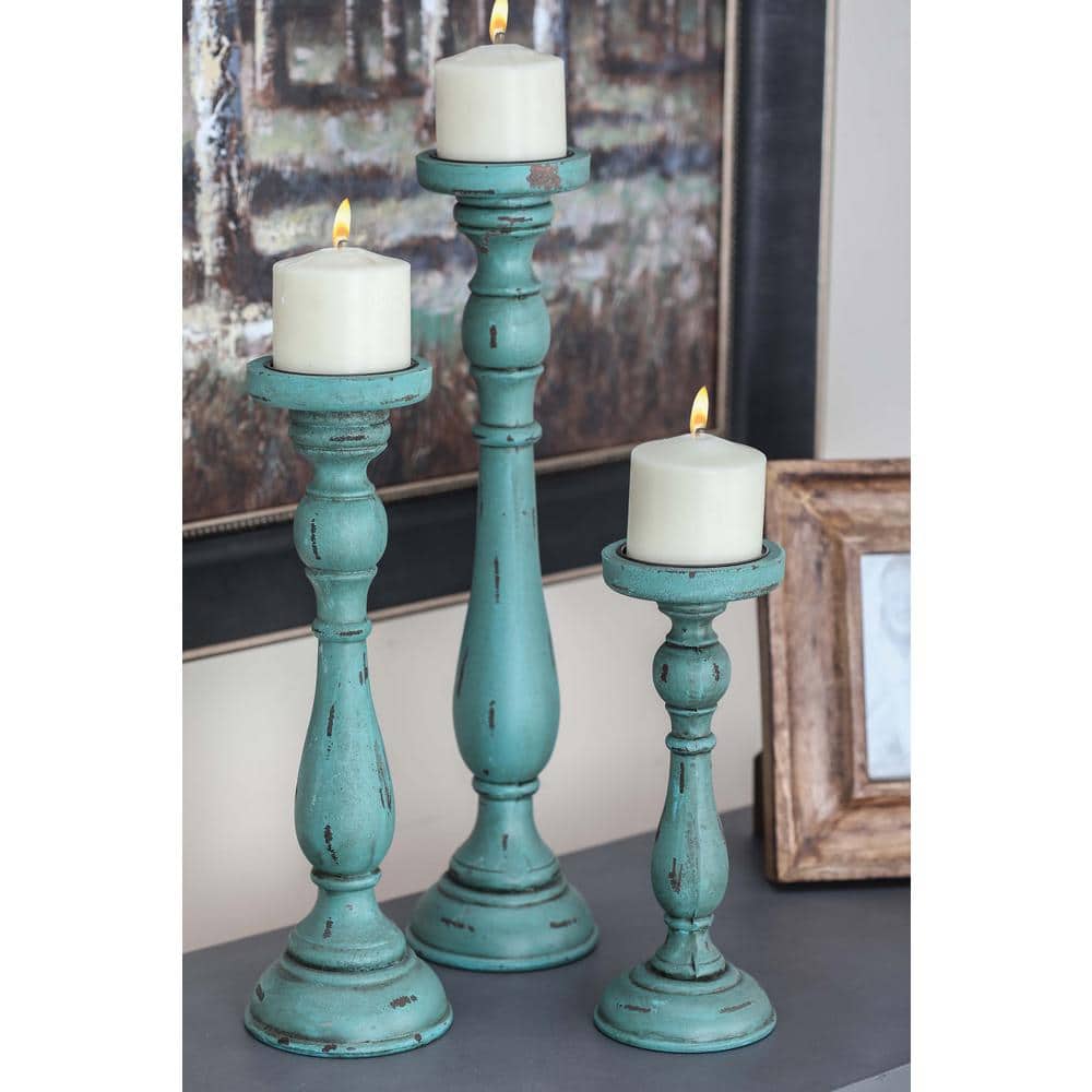 Teal Wood Fluted Pillar Candle Holders Set of 3