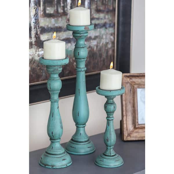 Blue Wood Candle Holder (Set of 3)