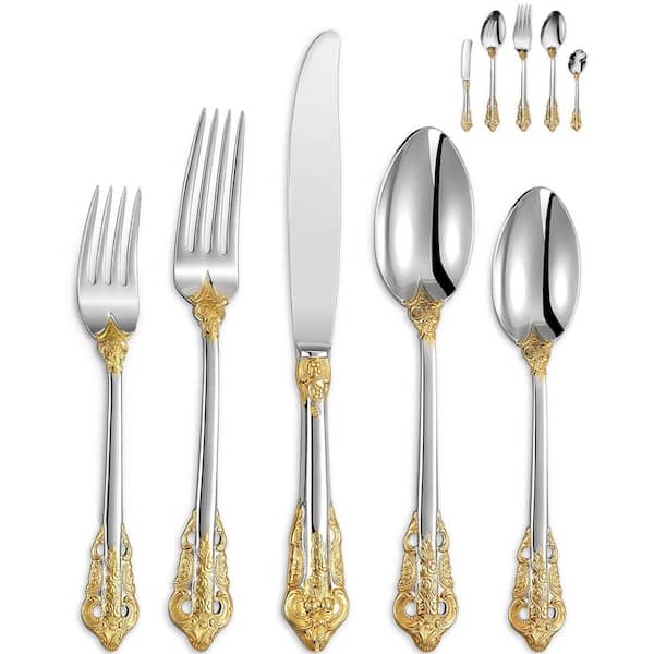 Luxury 45-Piece 18/10 Stainless Steel Flatware Set with Gold Accent Scroll Handles Service for 8 Pieces
