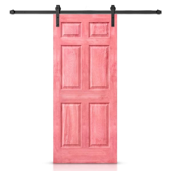 CALHOME 30 in. x 80 in. Antique Red Stain Composite MDF 6 Panel Interior Sliding Barn Door with Hardware Kit