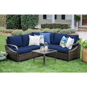 Trenton 4-Piece Wicker Sectional Seating Set with Navy Polyester Cushions