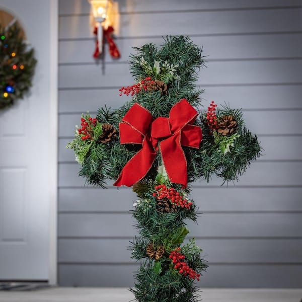 GERSON INTERNATIONAL 24 in. Christmas Greenery Cross with Red Sprays and Red Bow Yard Stake 2363760EC - The Home Depot