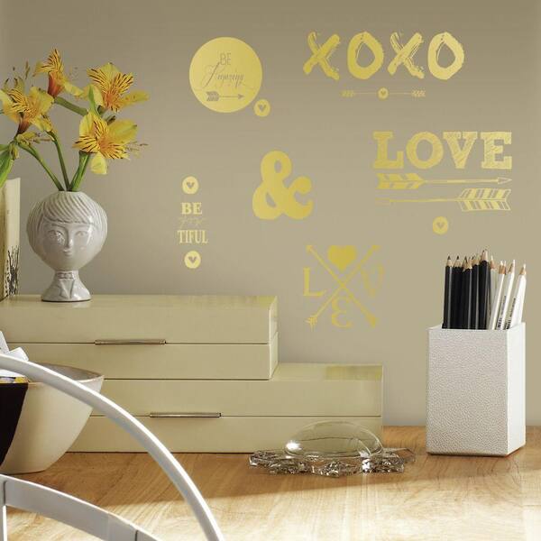 RoomMates 5 in. W x 11.5 in. H Gold Love with Hearts and Arrows 21-Piece Peel and Stick Wall Decal