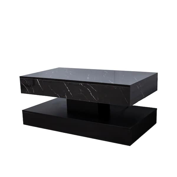39.37 in. Black Rectangular Particle Board Coffee Table with LED Lights and Storage Drawer