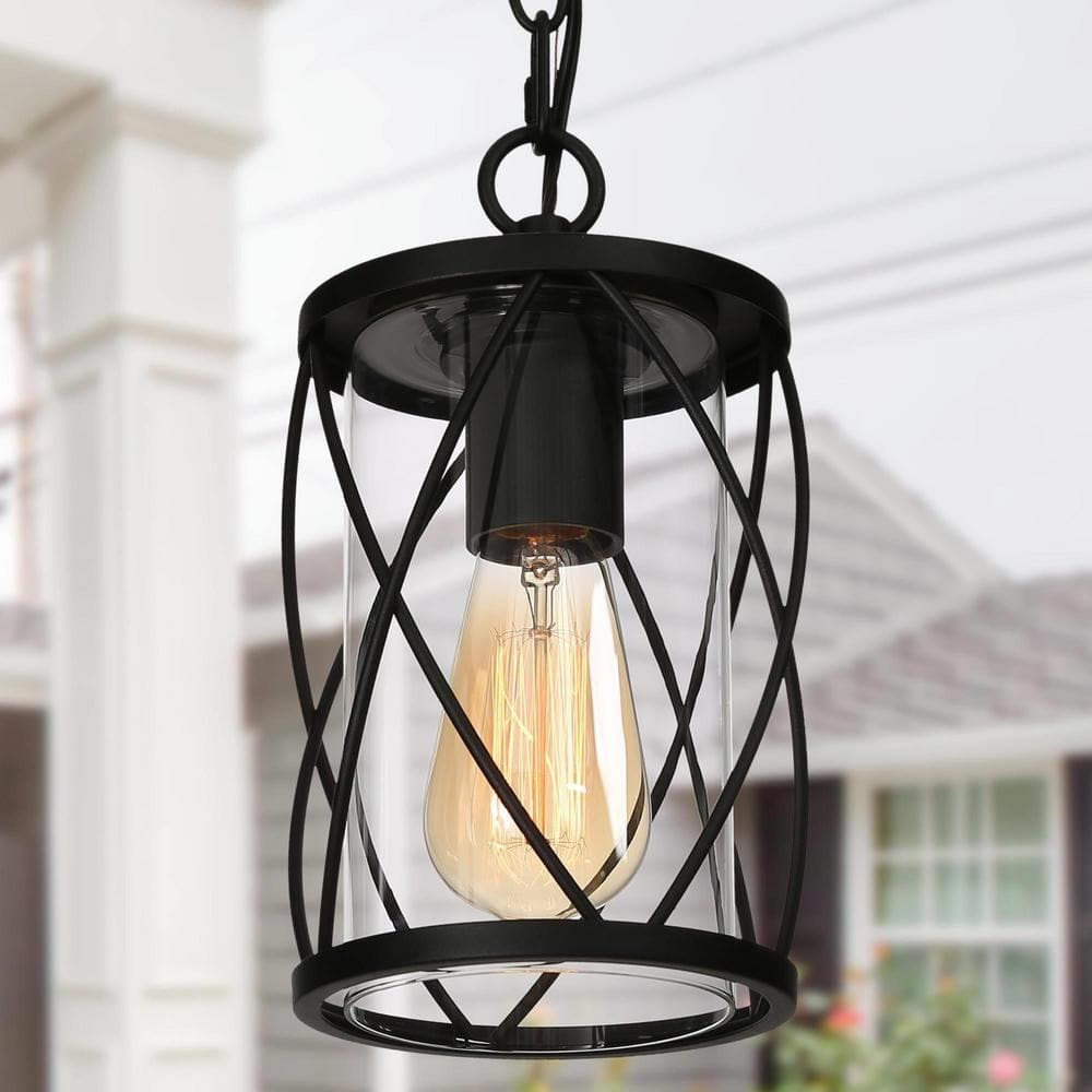 Modern Lantern Outdoor Hanging Light TORA 1-Light Black Drum Outdoor Pendant Light with Glass Shade price history on PriceWatchPro
