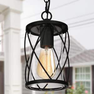 Modern Lantern Outdoor Hanging Light TORA 1-Light Black Drum Outdoor Pendant Light with Glass Shade