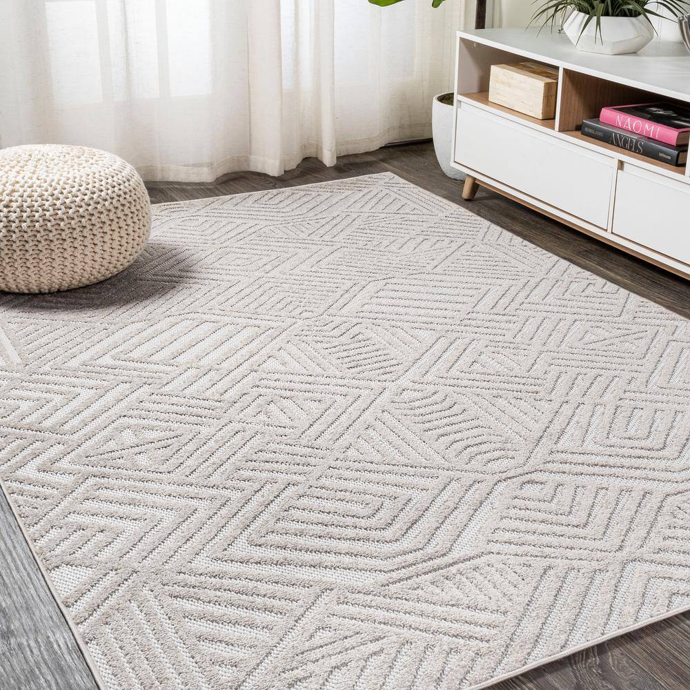 Jordan High-Low Pile Beige Geometric Indoor/Outdoor Area Rug