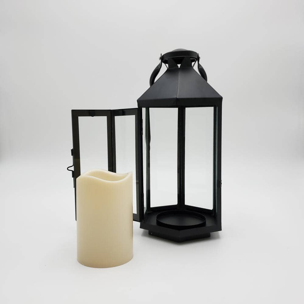 Black Hexagon Metal Lantern with Amber LED Candle
