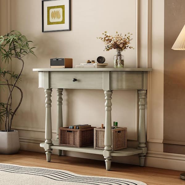 36 in. Gray Oval Wood Console Table with Top Drawer and Open Shelf