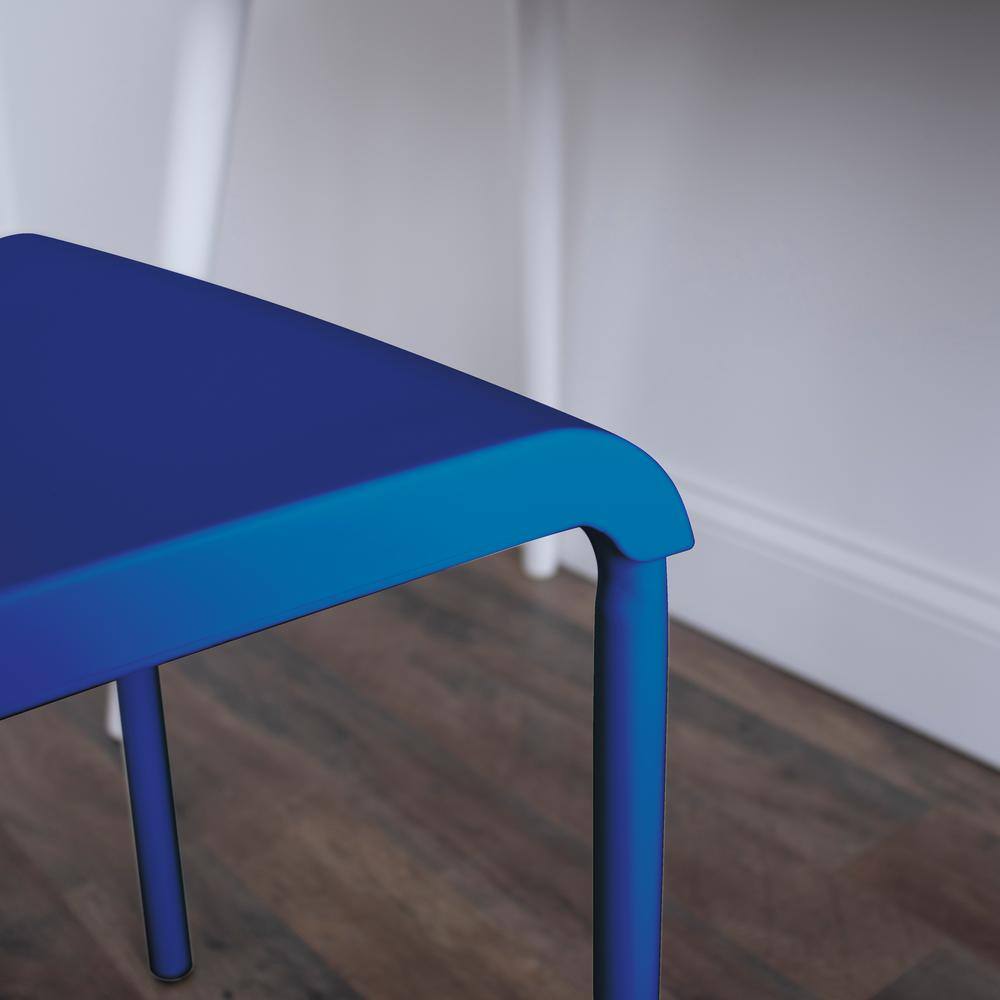 Close-up of the seat edge of a navy blue plastic chair