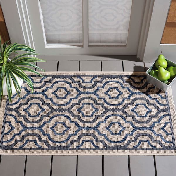 Courtyard Beige/Navy 3 ft. x 5 ft. Floral Trellis Indoor/Outdoor Area Rug