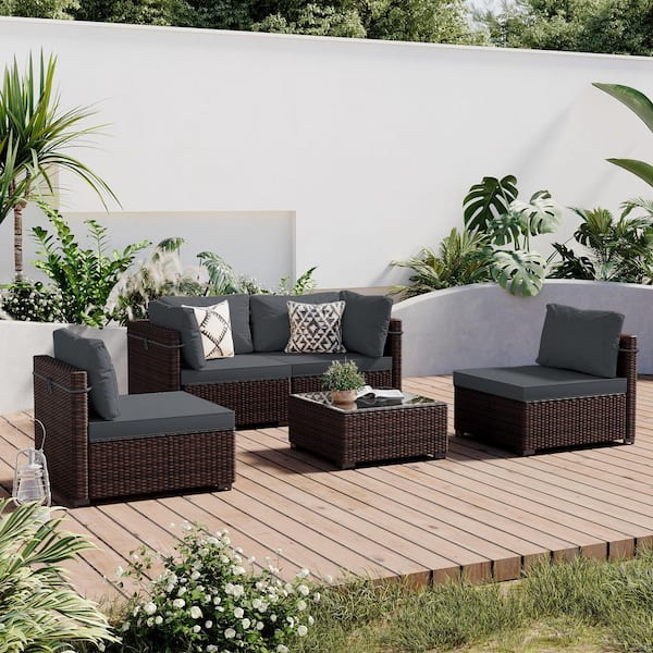 PATIO WATCHER 5-Piece Wicker Patio Conversation Seating Set with Dark Gray Cushions and Coffee Table