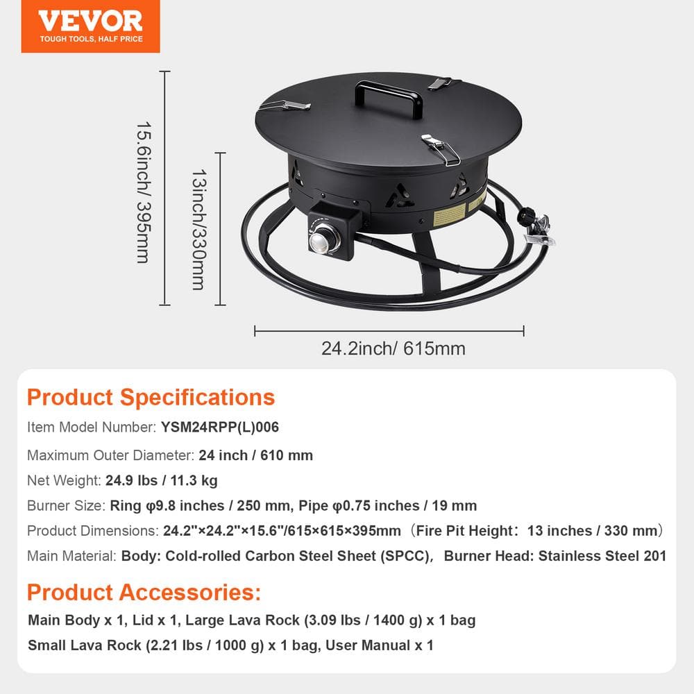 24-Inch Black Portable Gas Fire Pit with Adjustable Flame