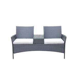 Rattan 1-Piece Wicker Patio Conversation Set Seat Sofa Loveseat with Table and White Removable Cushions
