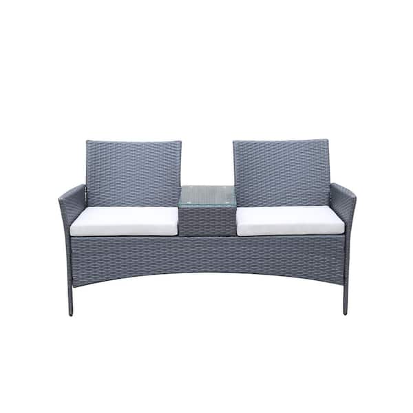 Amucolo Rattan 1-Piece Wicker Patio Conversation Set Seat Sofa Loveseat with Table and White Removable Cushions
