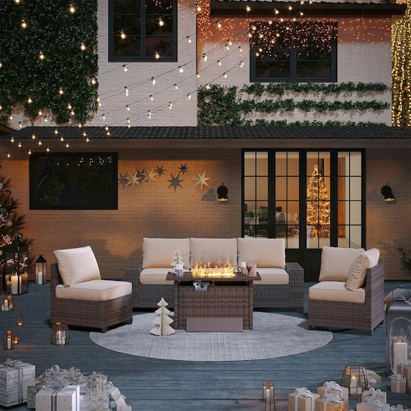 7-Piece Beige Wicker Rattan Outdoor Sectional Set with Fire Pit Table, Coffee Table and Cushions