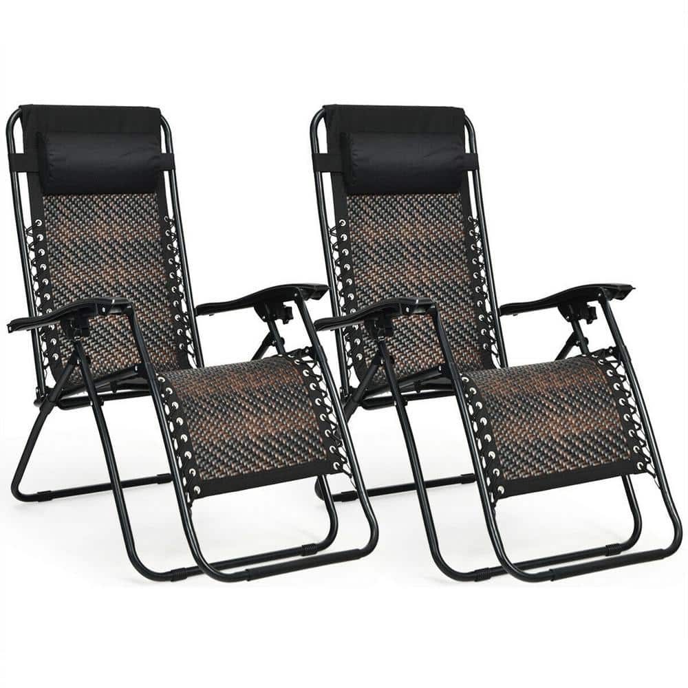 Folding Rattan Zero Gravity Metal Outdoor Lounge Chair in Coffee (2-Pack)