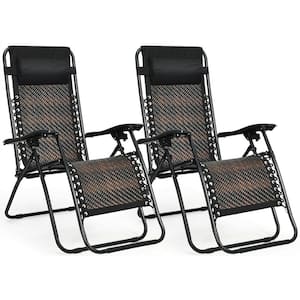 Black Frame with Brown Seat Folding Zero Gravity Wicker Outdoor Lounge Chairs with Headrest (2-Pack)
