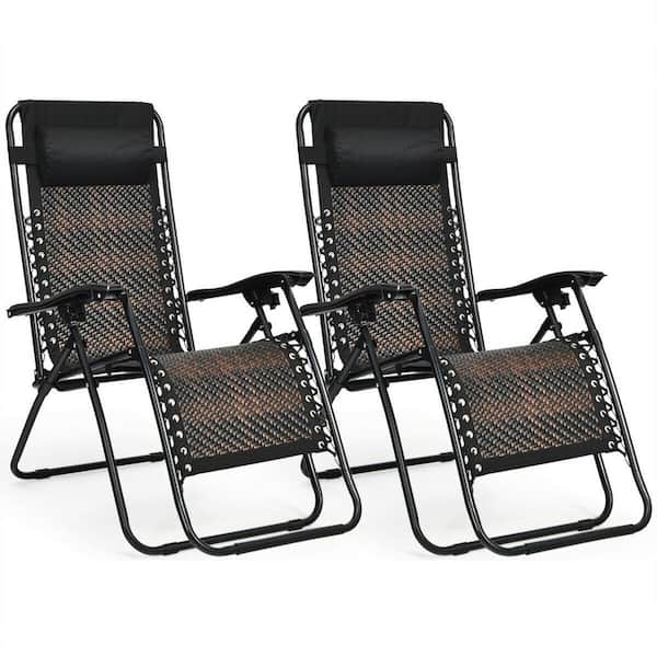 WELLFOR Black Frame with Brown Seat Folding Zero Gravity Wicker Outdoor Lounge Chairs with Headrest (2-Pack)