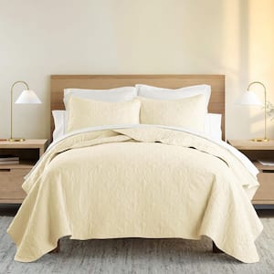 Damask Yellow Microfiber Queen Performance Quilted Coverlet Set