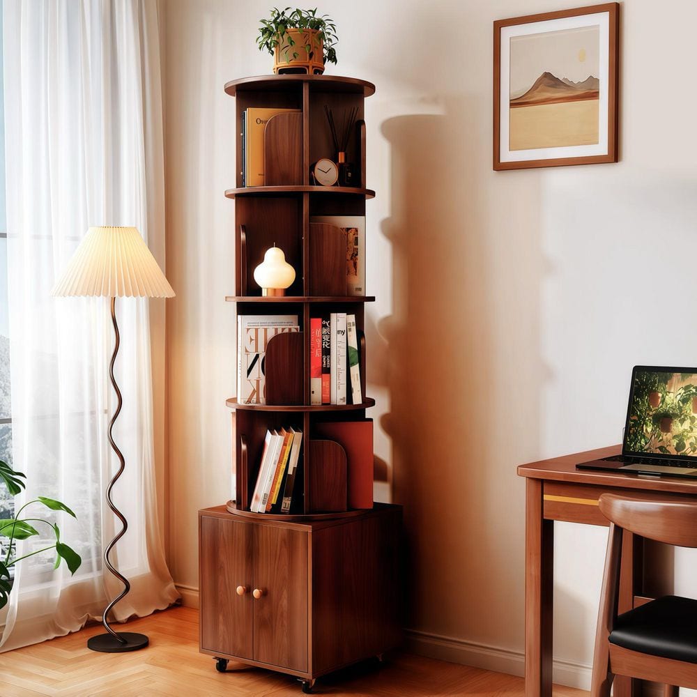 Wyclif Rotating 69.68 in. Tall Walnut MDF 5-Shelf Corner Bookcase with Cabinet and Lockable Wheels