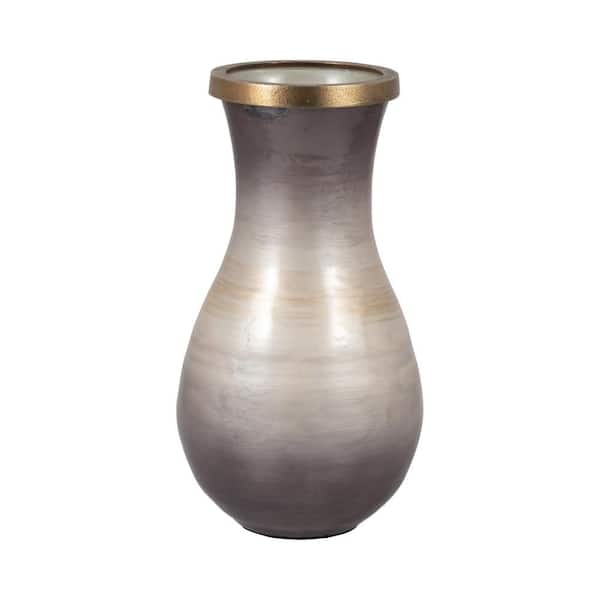 Liv & Skye 13 in. Brown Glass Bud Modern Ribbed Decorative Vase With Metal Rim
