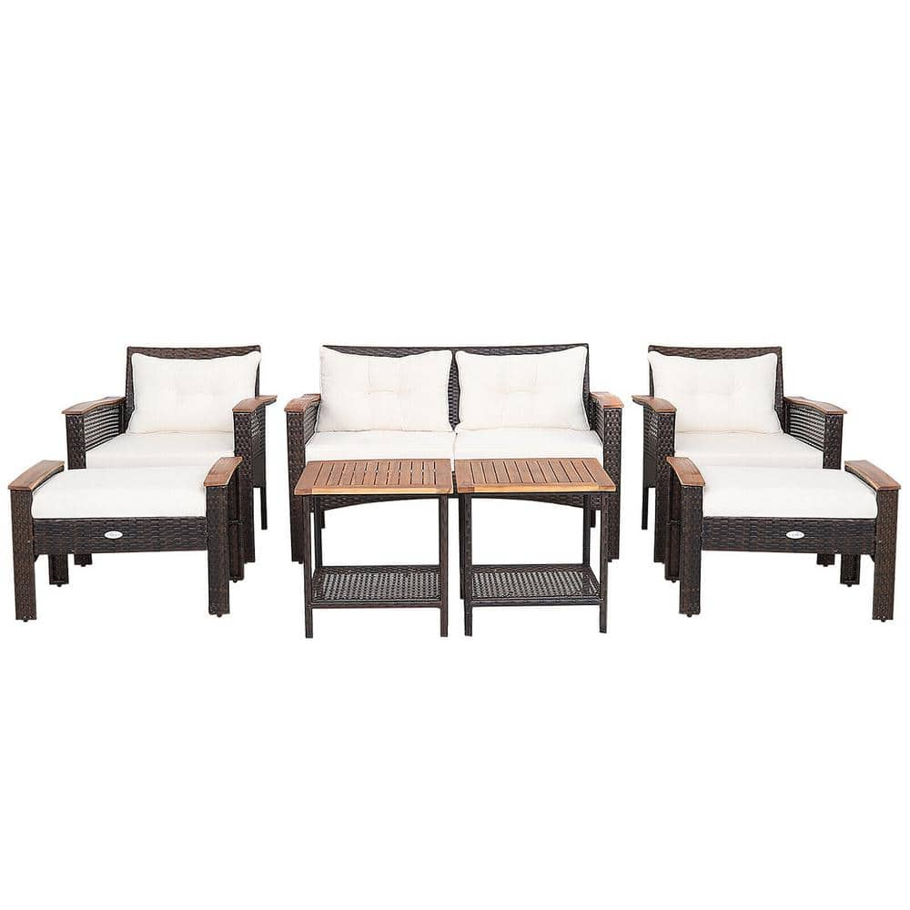 7-Piece Wicker Patio Rattan Patio Conversation Furniture Set with Off White Cushions -  ANGELES HOME, 698CKHW539+