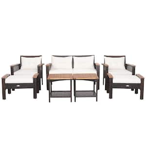 7-Piece Wicker Patio Rattan Patio Conversation Furniture Set with Off White Cushions