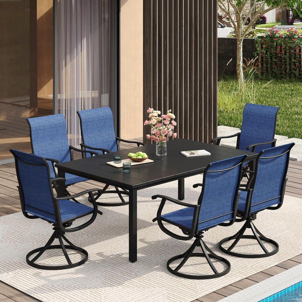 7-Piece Metal Outdoor Dining Set with 63 in. Black Rectangle Table and 6 Blue Swivel Patio Dining Chairs price history on PriceWatchPro