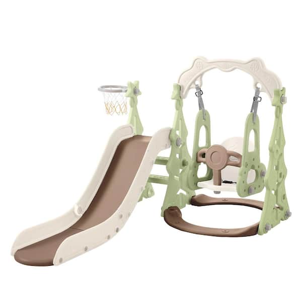 Bon Furni Green HDPE Indoor and Outdoor Playset Small Kid with Swing, Basketball Hoop Slide
