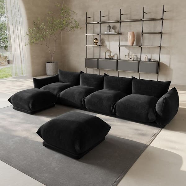 Modern 131 in. Flared Arm 6-Piece Chenille 4-Seater U-shaped Modular Convertible Sectional Sofa with Ottomans in Black