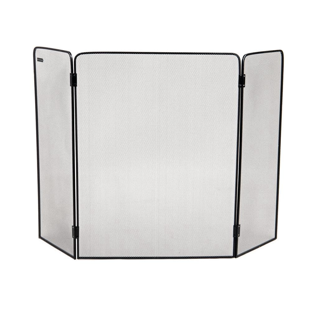Black Metal Mesh Three-Panel Folding Fireplace Screen with Door