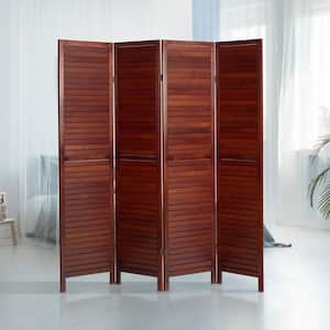 Walnut 6 ft. Tall Wooden Louvered 4-Panel Room Divider