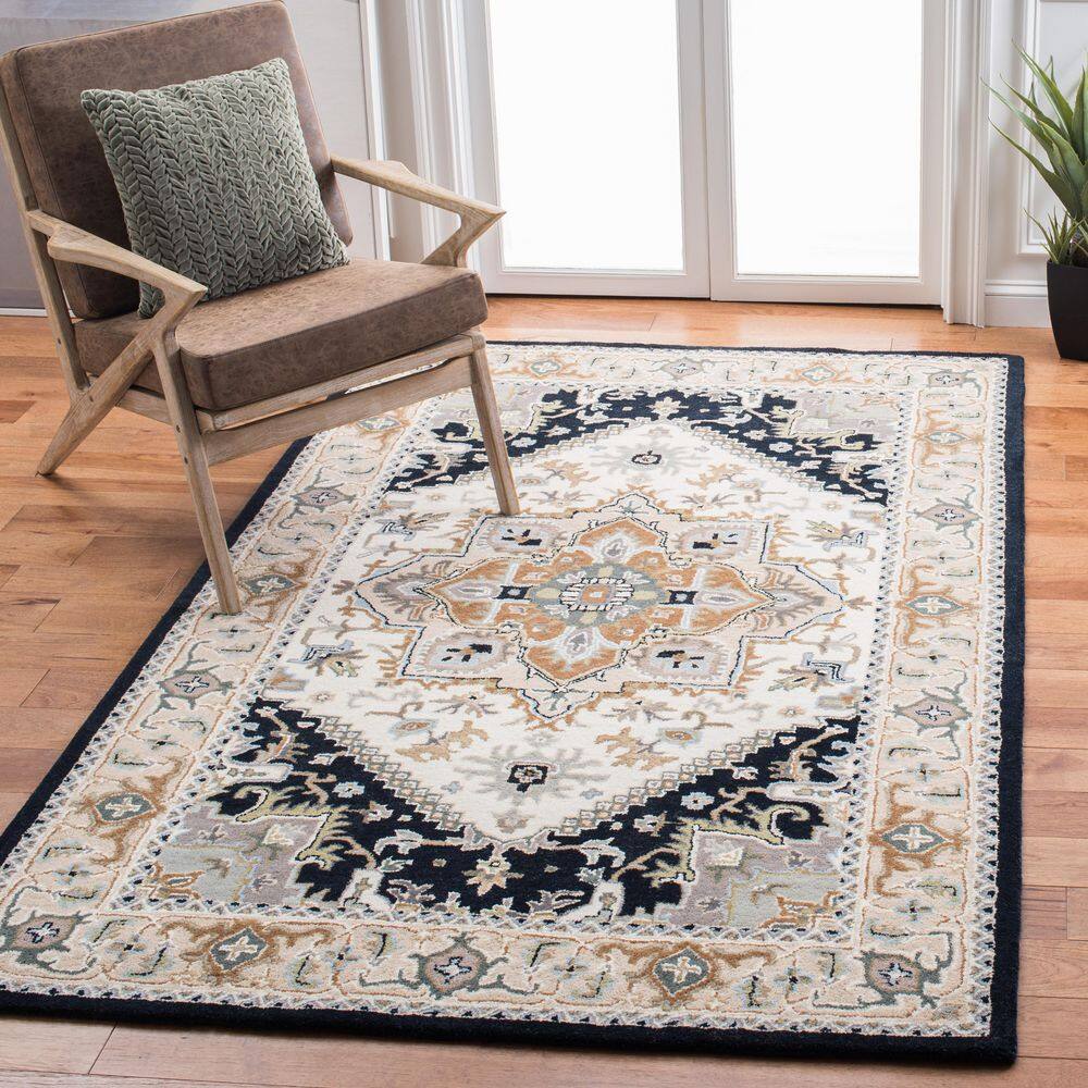 Beige and Navy Hand-Tufted Wool Rectangular Area Rug