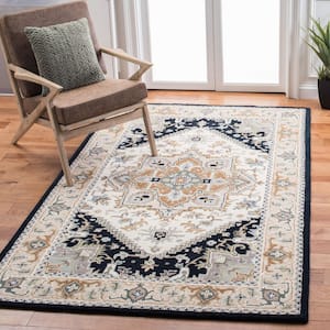 Heritage Beige/Navy 5 ft. x 8 ft. Border Floral Medallion Area Rug