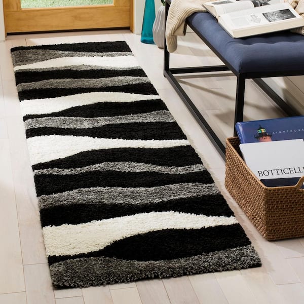 Florida Shag Gray/Black 2 ft. x 8 ft. Geometric Runner Rug
