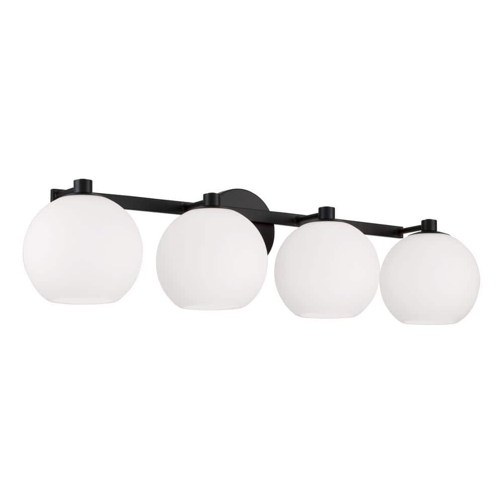 Matte Black 4-Light Vanity with Soft White Glass Globes
