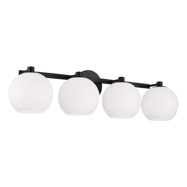 HOMEPLACE LIGHTING 31 in. W x 8 in. H 4-Light Circular Globe Vanity Light in Matte Black with Soft White Glass