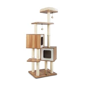 64-1/2 in. H Natural Wood Cat Tree with Condos, Scratching Post, Removable Cushions