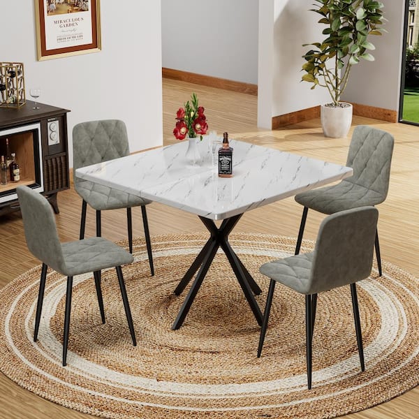 White Wood 38.6 in. Square Pedestal Dining Table for 4 6 Person Modern Small Coffee Table with Heavy Duty Metal Legs