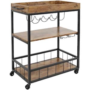 35 in. Industrial Brown Rolling Bar Cart with Wine Storage Rack