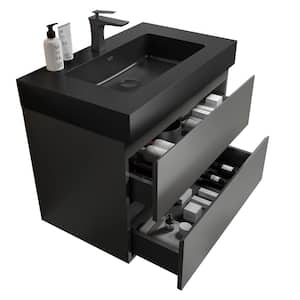 30 in. Single Sink Wall Mounted Gray Bath Vanity with Black Solid Surface Top Unassembled without Drain and Faucet